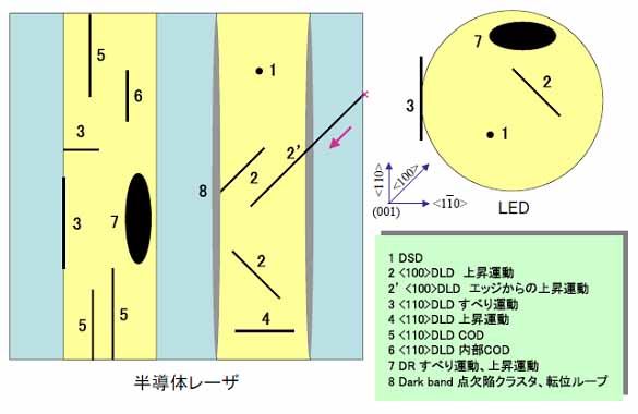図3　発光デバイス中のダーク欠陥の形態と劣化モード
