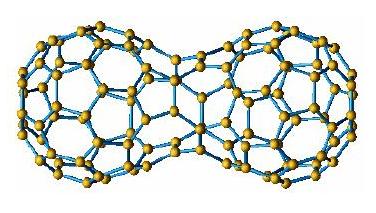 【図1】電子線照射で重合したC60分子の2量体C120のモデル図