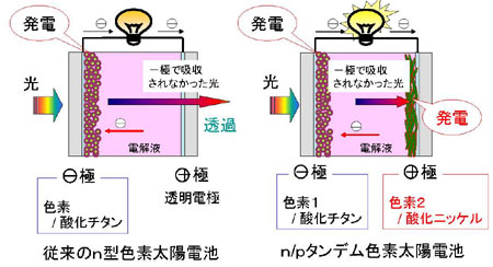 【図】従来のn型色素太陽電池（左）と今回開発したn/pタンデム型色素太陽電池（右）の構造の比較