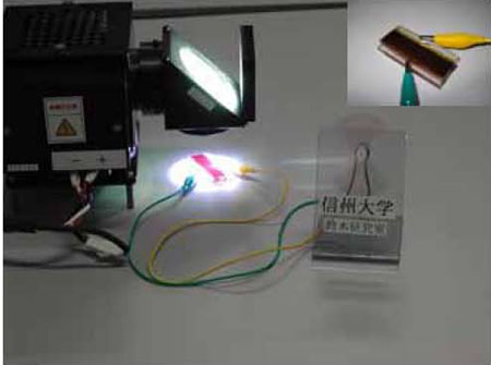 【写真1】開発したn/pタンデム型色素太陽電池に光を照射しているところ