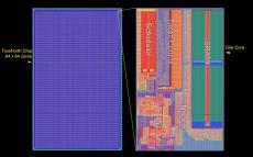 64×64コアを実装した様子（左）と、1コアの拡大写真（右）。各コアには256個のニューロンと64K個のシナプスが実装されている。（写真：IBM Research）